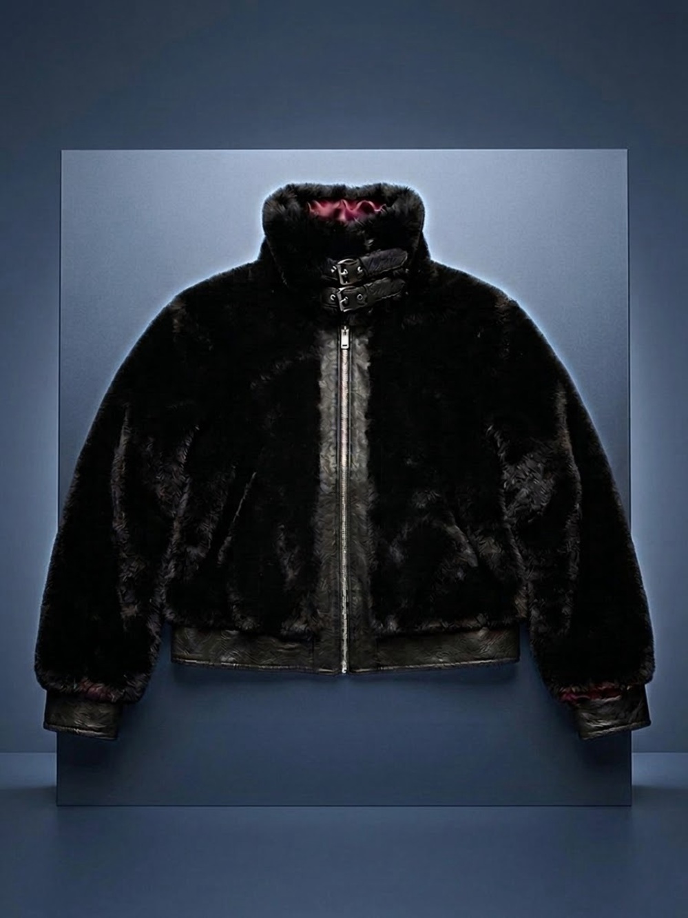 Blank NYC Black Faux Fur Bomber Jacket with Buckle Collar